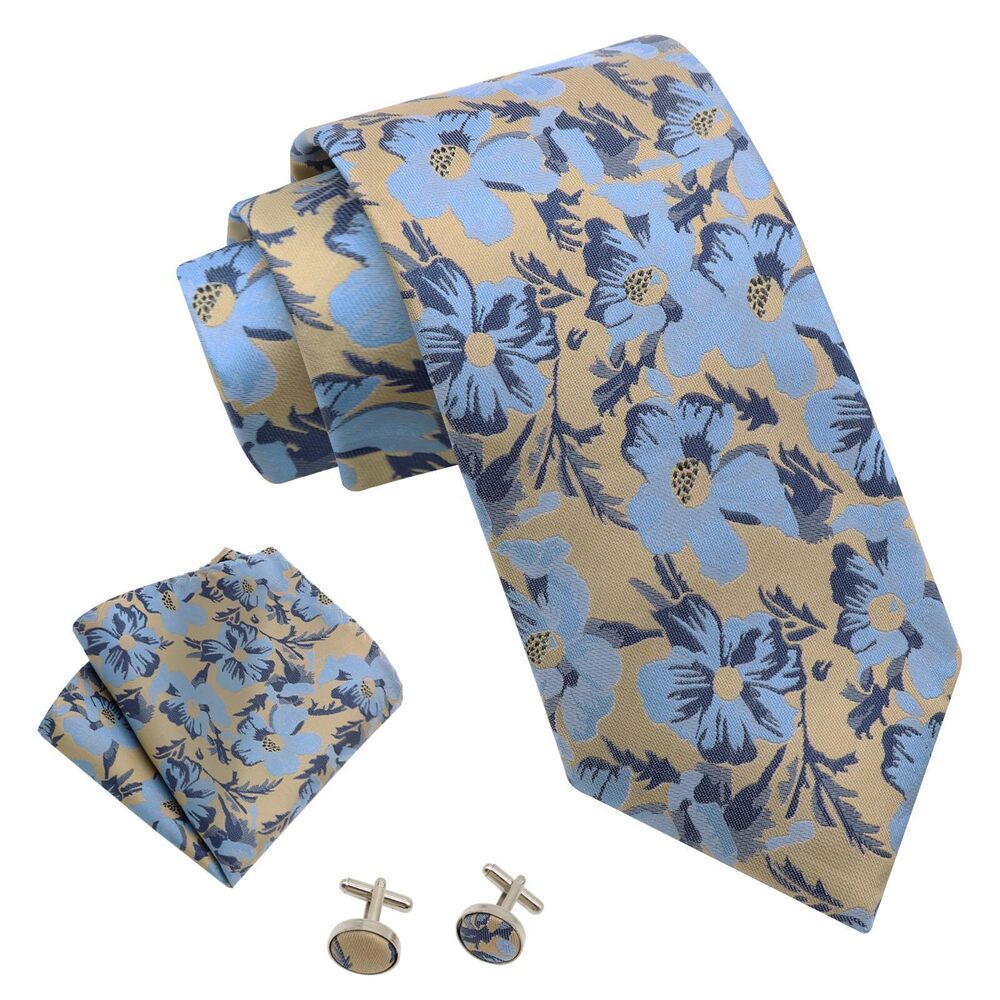 7271 Floral Ties Handkerchief Cufflinks Set, Groomsmen Tie Polyester